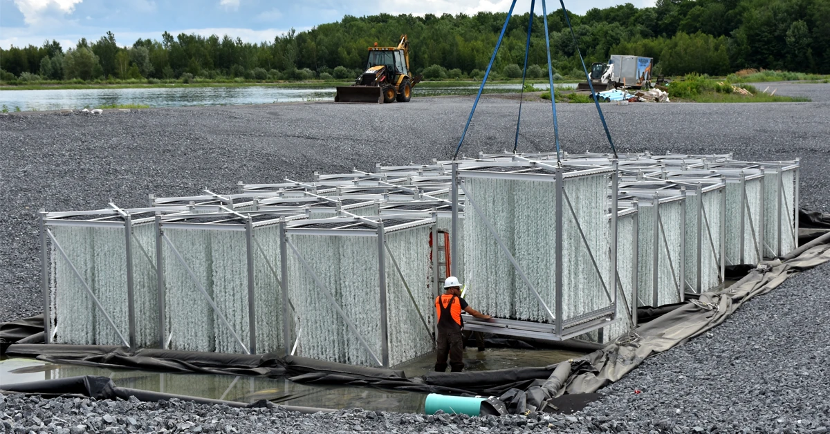 Aerial view of biocord reactors being installed.