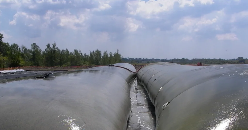 Filled Geotube units passively dewatering arsenic sludge at a gold mine